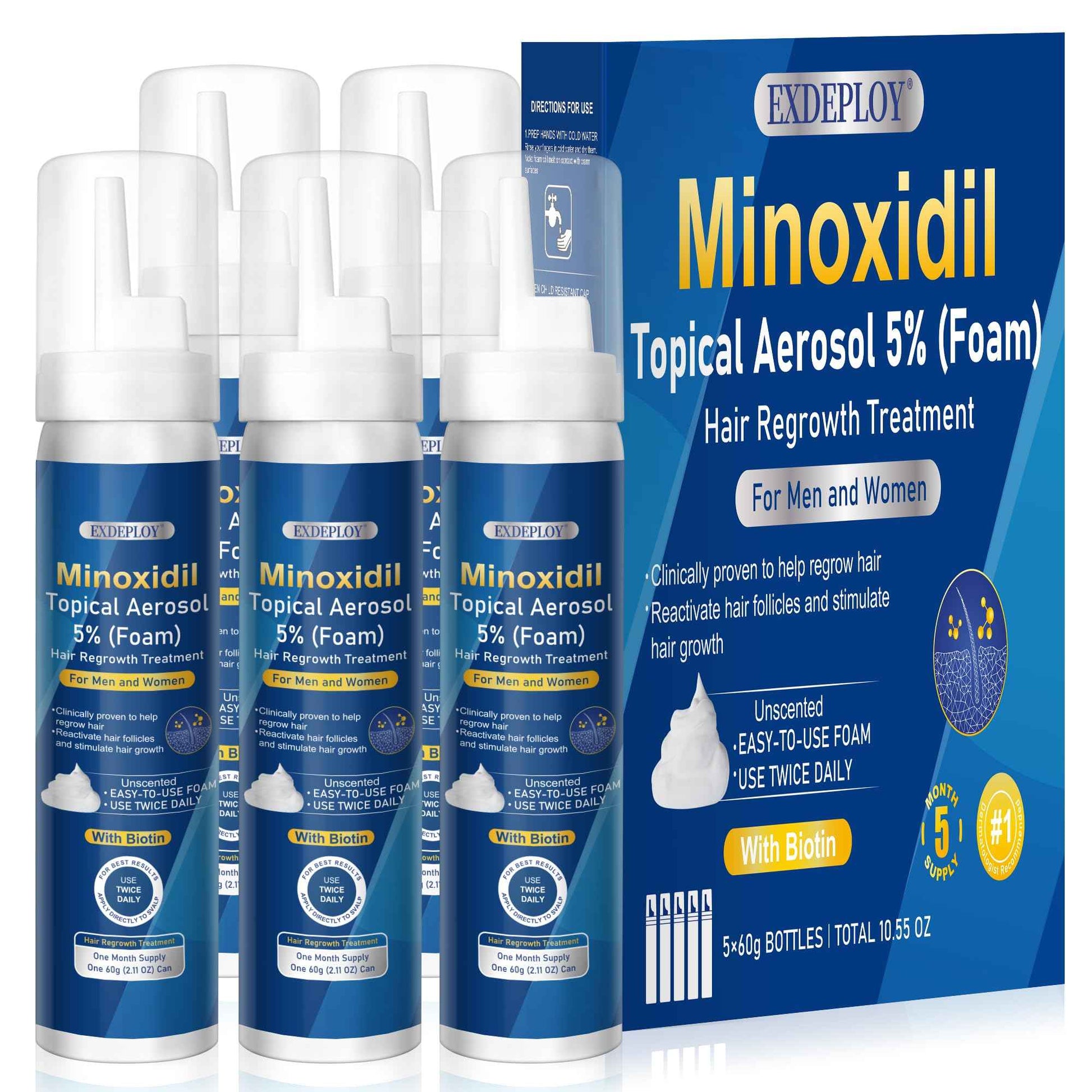 5% minoxidil foam for men-5pack， Infused with Biotin, Hair Growth Treatment, Supports Thicker and Fuller Hair & Beard (10.5oz, 5 Month Supply)