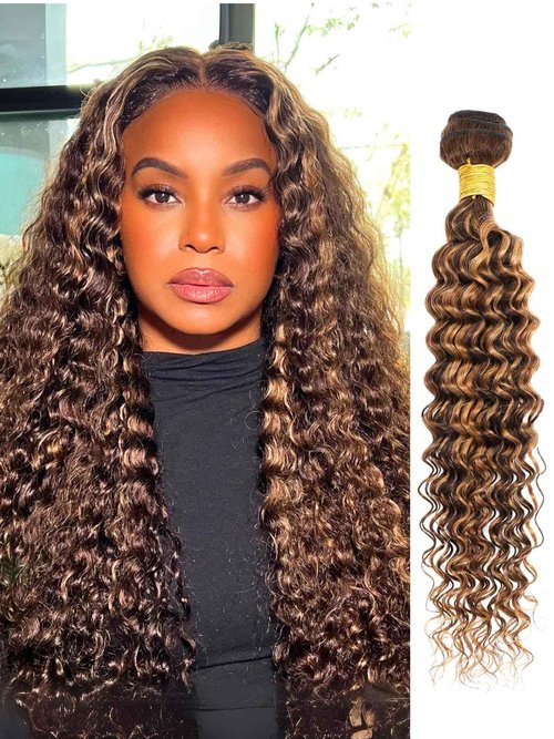 AUROO Honey Blonde Highlight Deep Wave Single Bundles Human Hair, 100% Thick Track 12A Virgin Brazilian Weaves P4/27 Balayage Ombre Brown Curly Water Wave Colored Human Hair Bundles Sew In 14 Inch