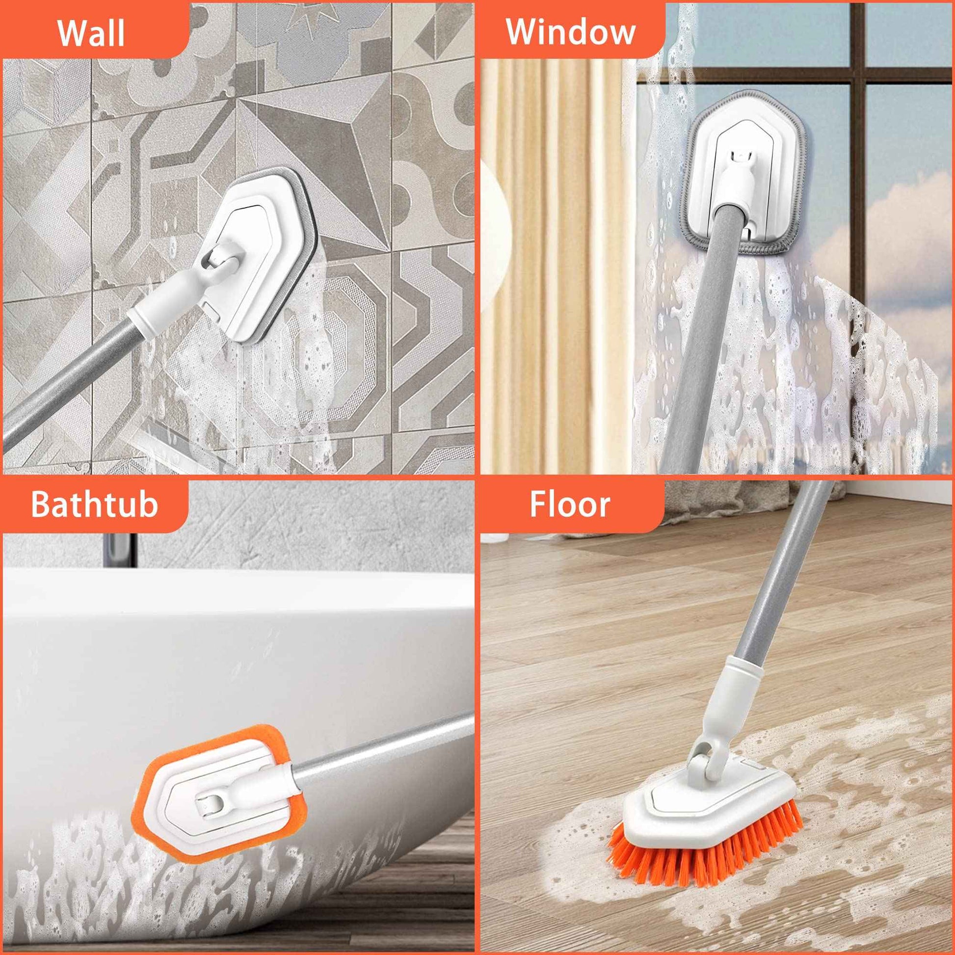 JEHONN 4-in-1 Tile Tub Scrubber with Long Handle, Upgraded Shower Cleaning Brush, 4 Different Function Scrub Brush Attachments Head for Bathroom, Bathtub, Floor, Wall, Baseboard
