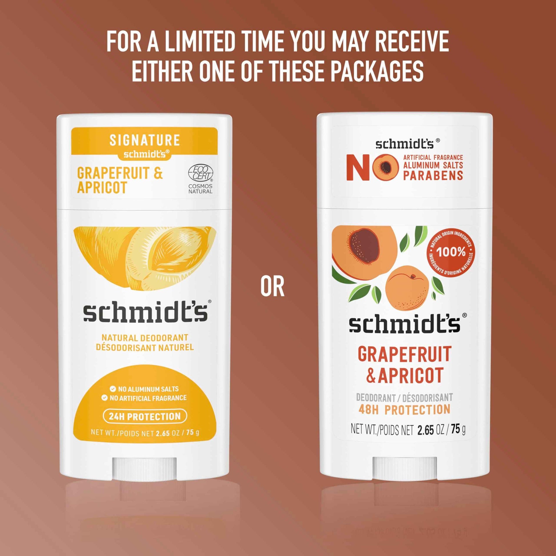 Schmidt's Aluminum-Free Vegan Deodorant Grapefruit & Apricot with 24-Hour Odor Protection, 2 Count for Women and Men, Natural Ingredients, Cruelty-Free 2.65 oz
