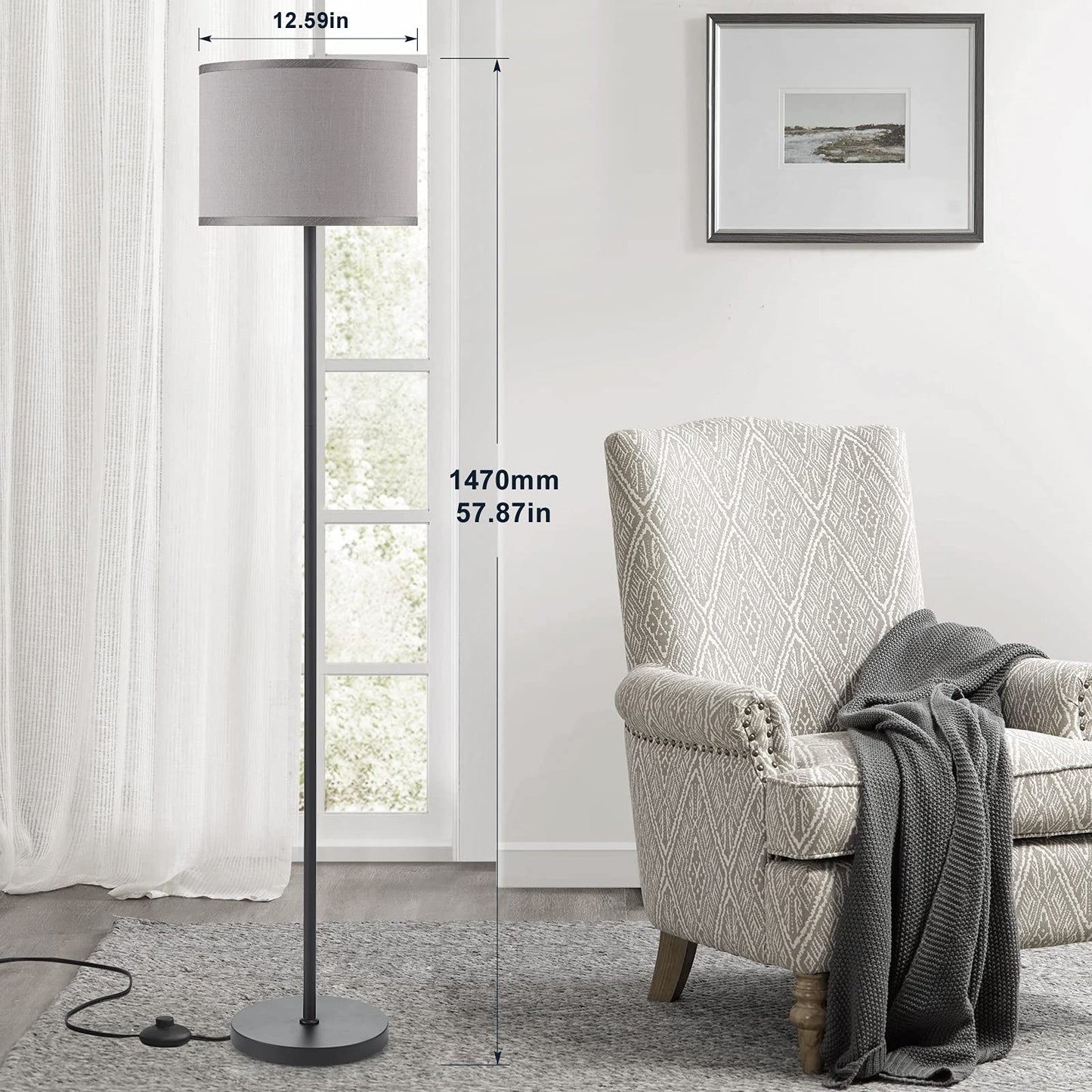 Ambimall Floor Lamp for Living Room, Modern Floor Lamp with Shade, Tall Lamps for Living Room, Bedroom, Office, Dining Room, Stick Floor Lamp with Grey Lampshade(Without Bulb)