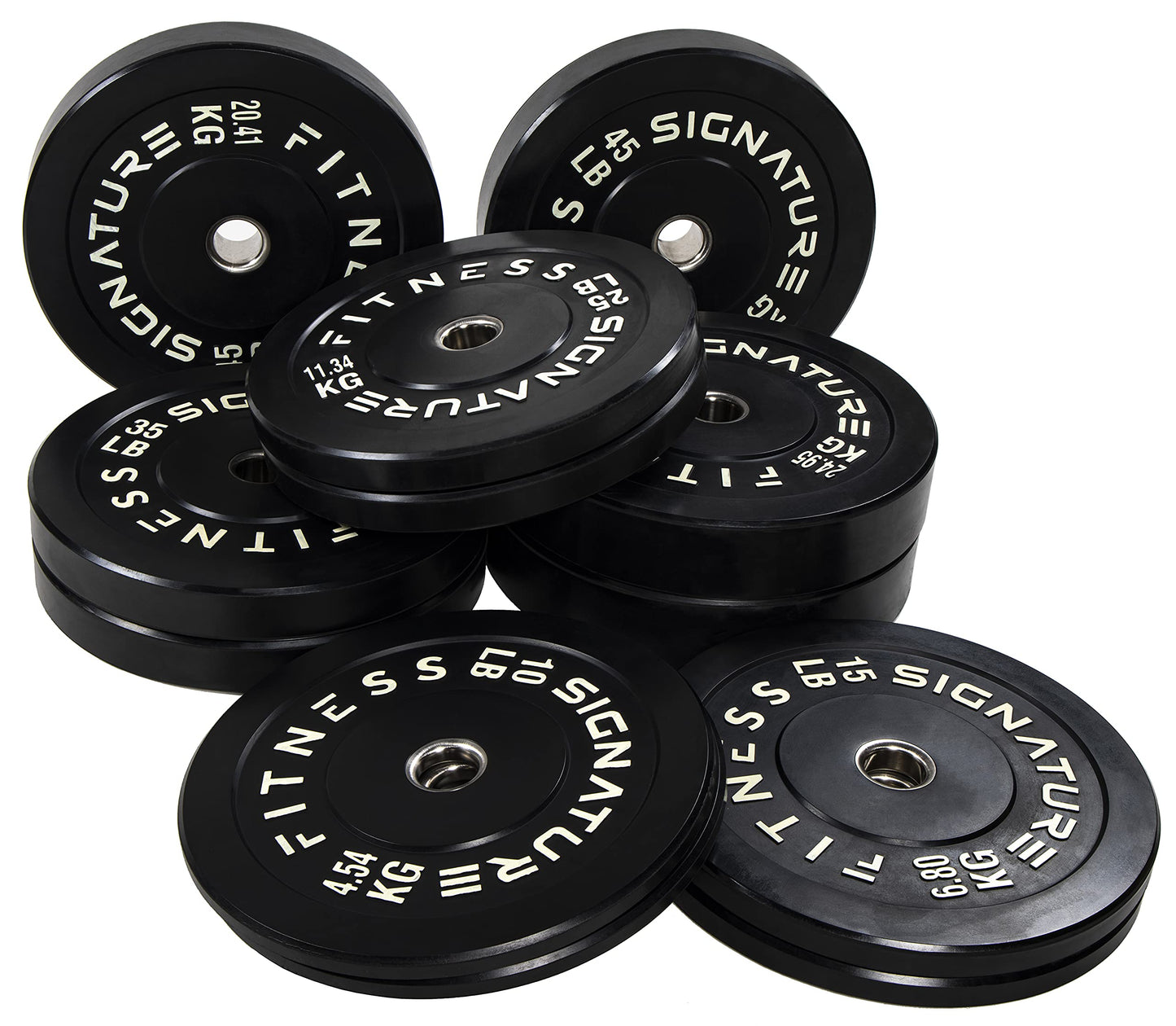 Signature Fitness 2" Olympic Bumper Plate Weight Plates with Steel Hub, 370LB Set (2X 10/15/25/35/45/55LB), Black