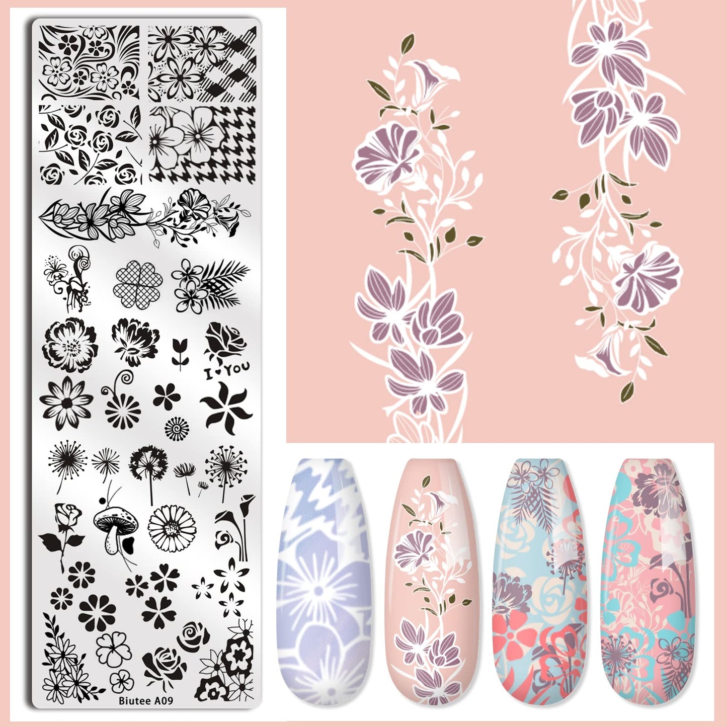 Biutee Nail Stamping Plates set 10 pcs Nail Art Stamper Scraper Gift Box Nail Stamp Template Kit Lace Flower Butterfly Star Design Nail Image Plate