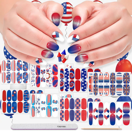 DANNEASY 8 Sheets 4th of July Independence Day Nail Polish Stickers Full Nail Wraps for Women Self Adhesive Nail Polish Strips Fingernail Sticker Stick on Nails with Nail File, Cuticle Stick