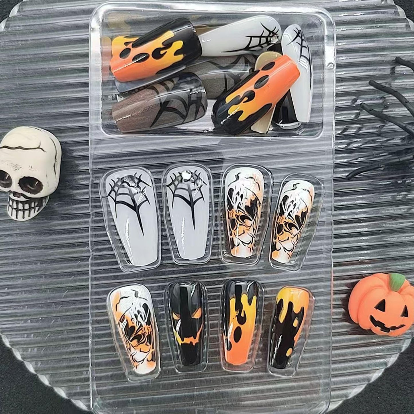 Halloween Press on Nails Medium Square Spider Web Ghost Face Fake Nails Glossy Glue on Nails Press ons Acrylic False Nails Full Cover Stick on Nails for Women Girls 24 Pcs