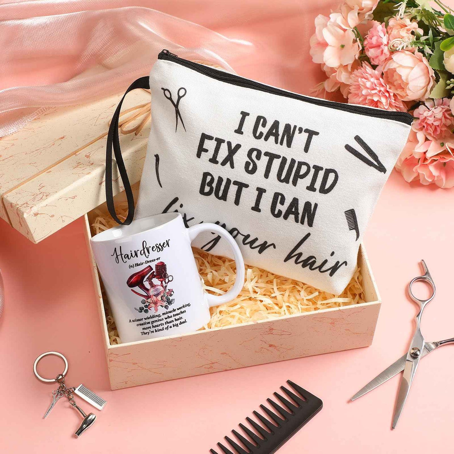 Reginary 3 Pcs Christmas Hairdresser Gifts Bulk Hair Stylist Appreciation Gifts Bulk Cosmetology Makeup Bag Mug Keychain