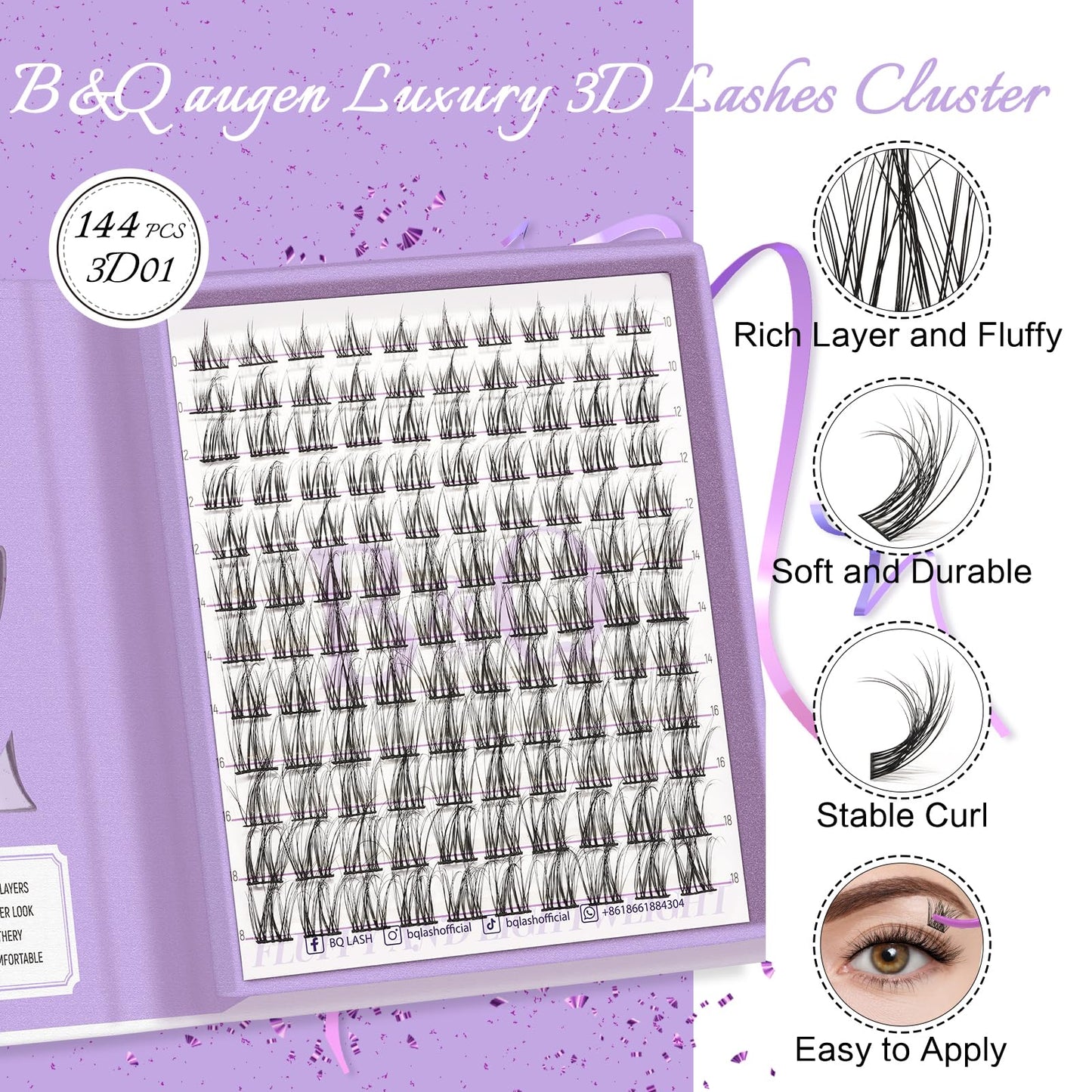 Lash Clusters 144 PCS Individual Lashes B&Q 3D Effect Eyelash Clusters Fluffy Cluster Eyelash Extensions Wispy Eyelashes Natural Look With Long Lasting Curl Cluster Lashes (3D02,10-18mm)