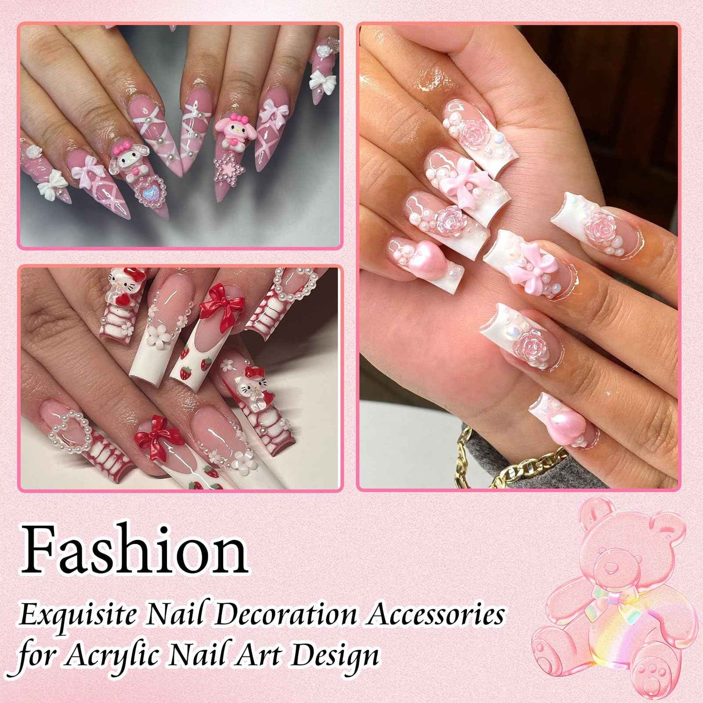 300Pcs Bow Nail Charms and Flatback Pearls,Rose Red Bowknot 3D Cute Nail Charms for Acrylic Nail Supplies Design,3-5mm White Half Pearls for Nail Jewelry DIY Crafts Nail Art Decoration Accessories