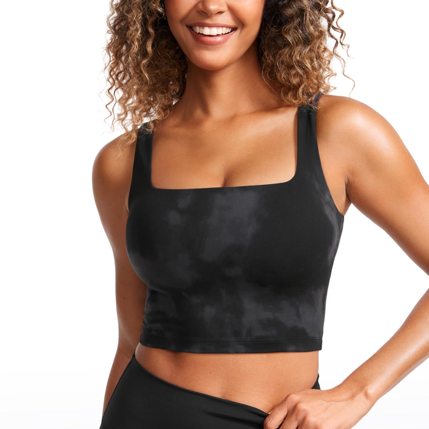 CRZ YOGA Butterluxe Womens Square Neck Longline Sports Bra - Workout Crop Tank Tops Padded with Built in Shelf Yoga Bra Black Tie Dye Flowers XX-Small