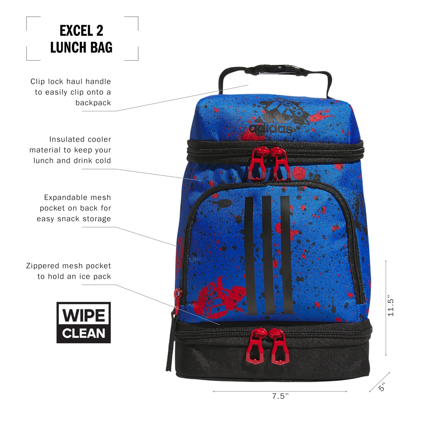 adidas Excel 2 Insulated Lunch Bag, Splatter Bright Royal/Black/Better Scarlet, One Size