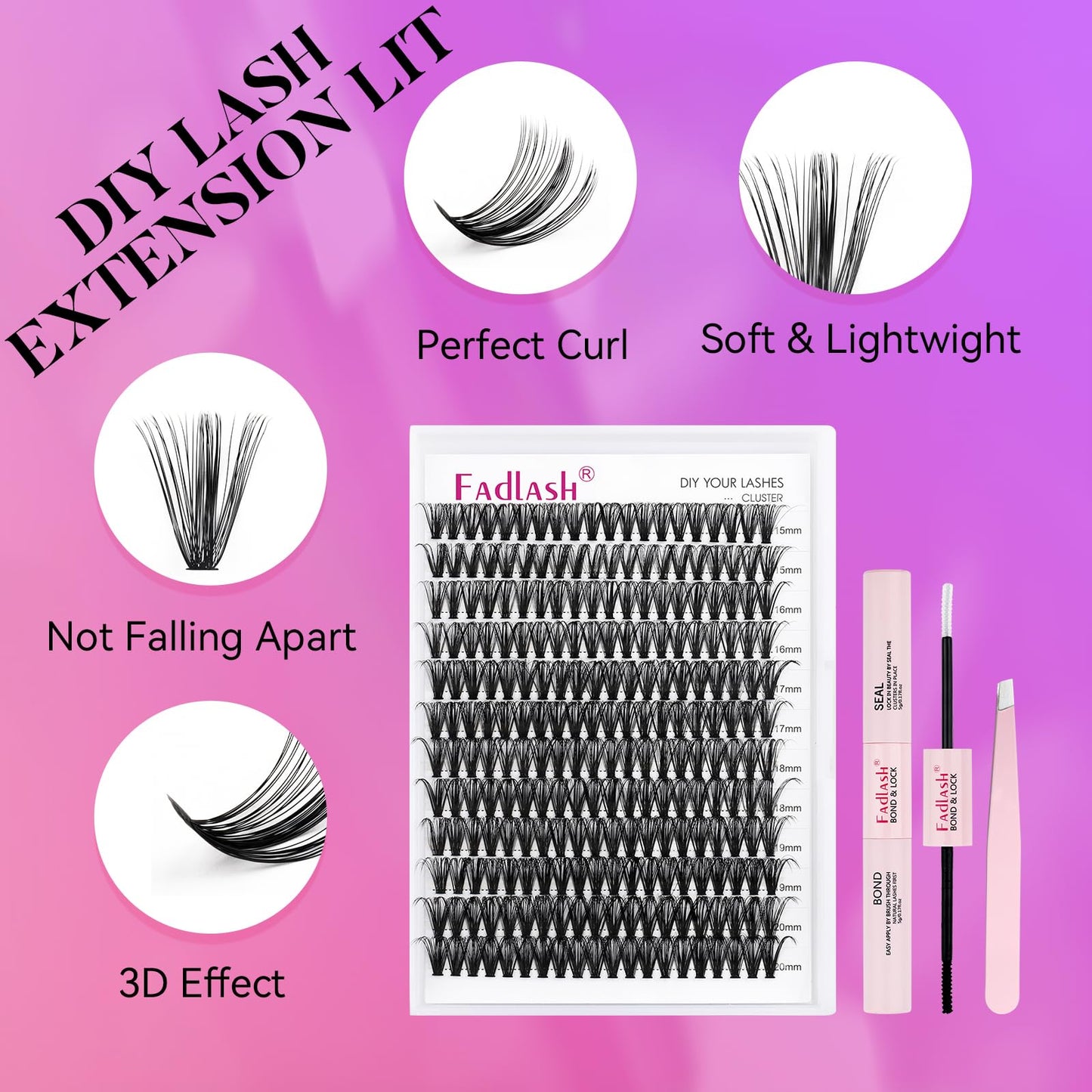 FADLASH DIY Lash Extension Kit Individual Lashes Cluster D Curl Eyelash Extension Kit with Lash Bond and Seal and Lash Applicator Tool for Self Application at Home (40D-0.07D-15-20MIX KIT)