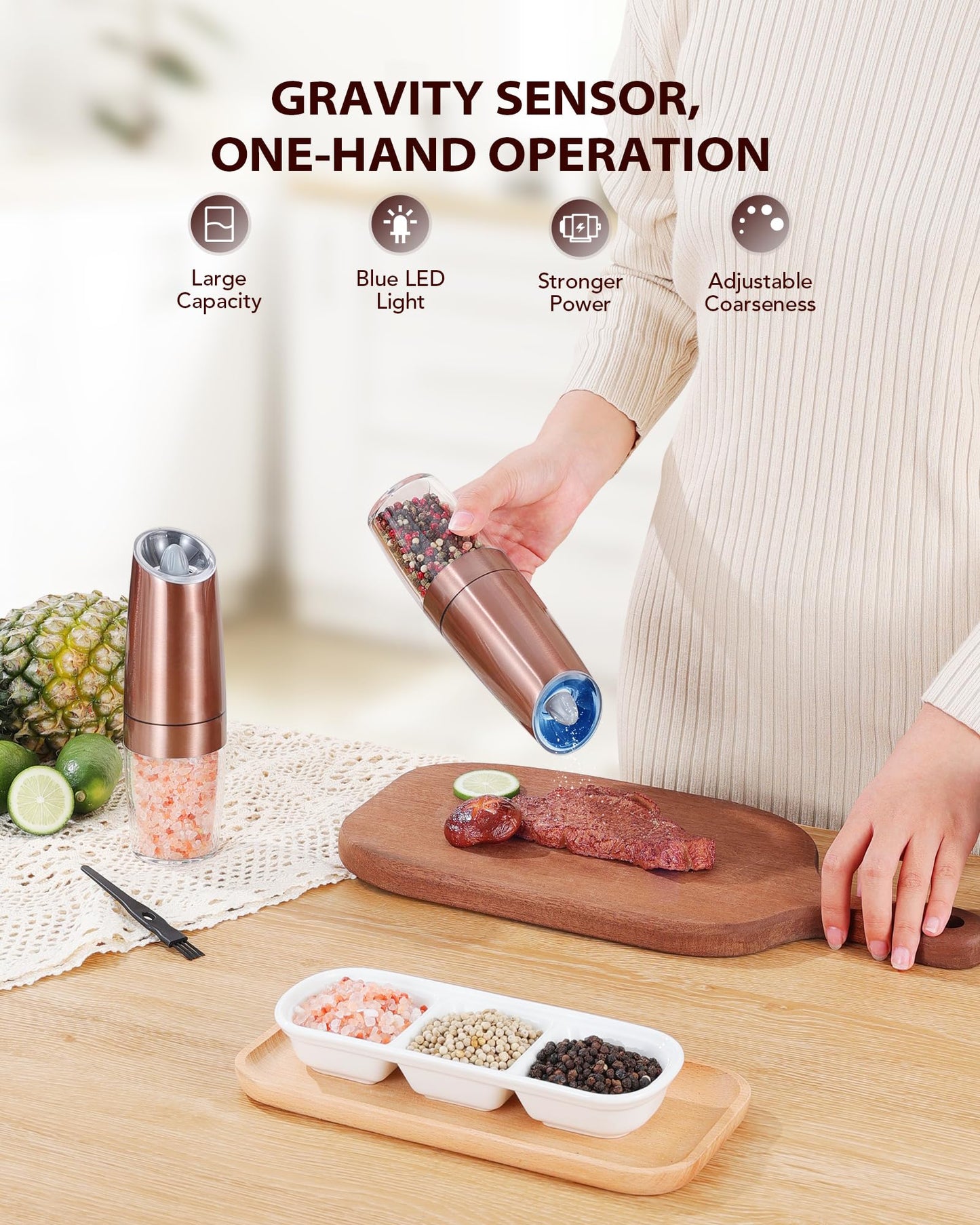 Sangcon Gravity Electric Pepper and Salt Grinder Set Automatic Shakers Mill Grinder with LED Light, Battery Powered Adjustable Coarseness One Hand Operation, Upgraded Larger Capacity