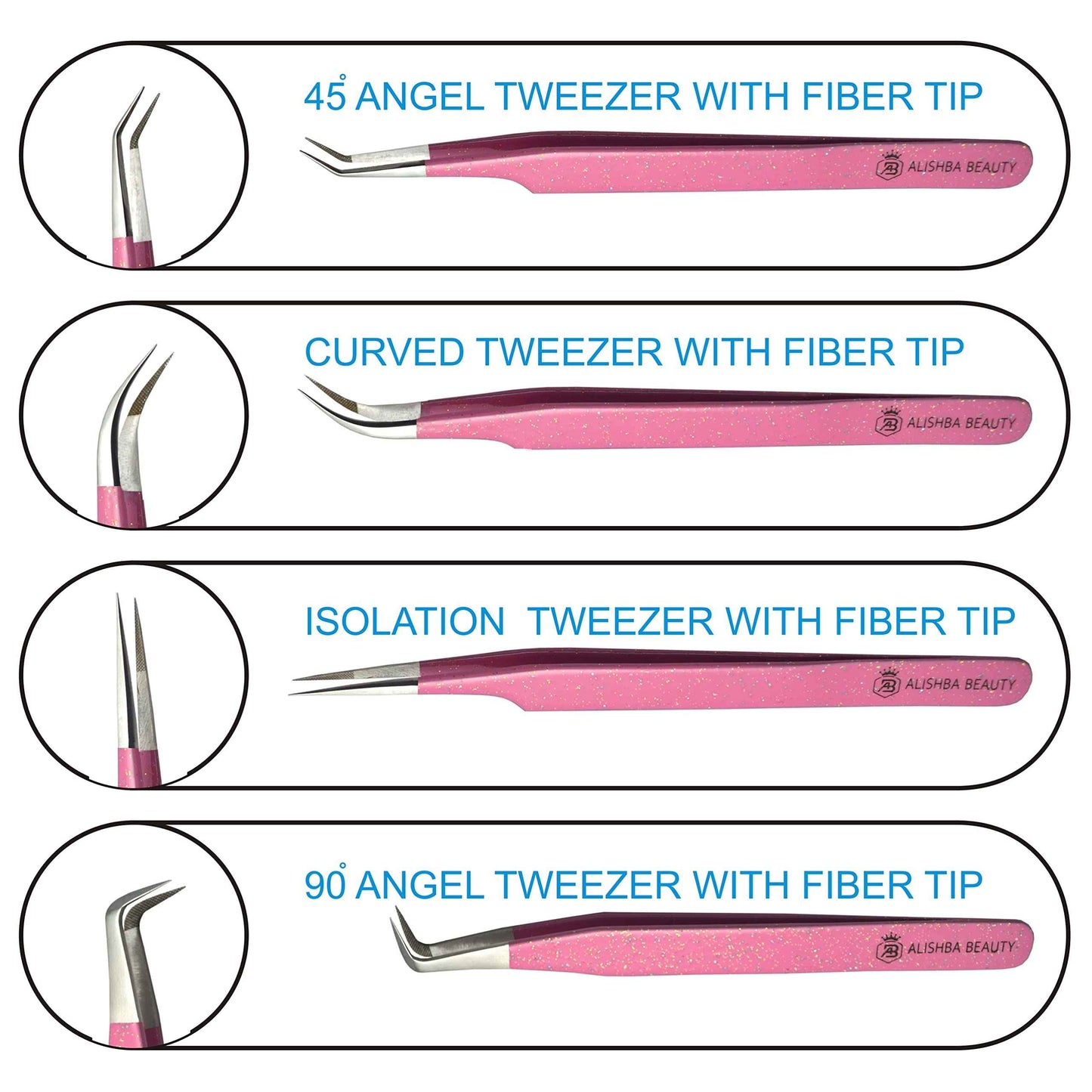 LUMESS Alishba Beauty Eyelash Extension Tweezers, Precision Fiber Tip Grip Japanese Stainless Steel (Set of 4 Eyelash Tweezer) (GLITTER PINK)