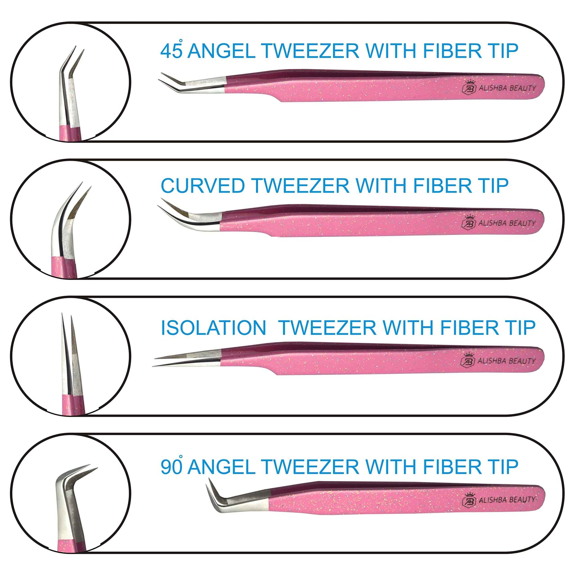 LUMESS Alishba Beauty Eyelash Extension Tweezers, Precision Fiber Tip Grip Japanese Stainless Steel (Set of 4 Eyelash Tweezer) (GLITTER PINK)