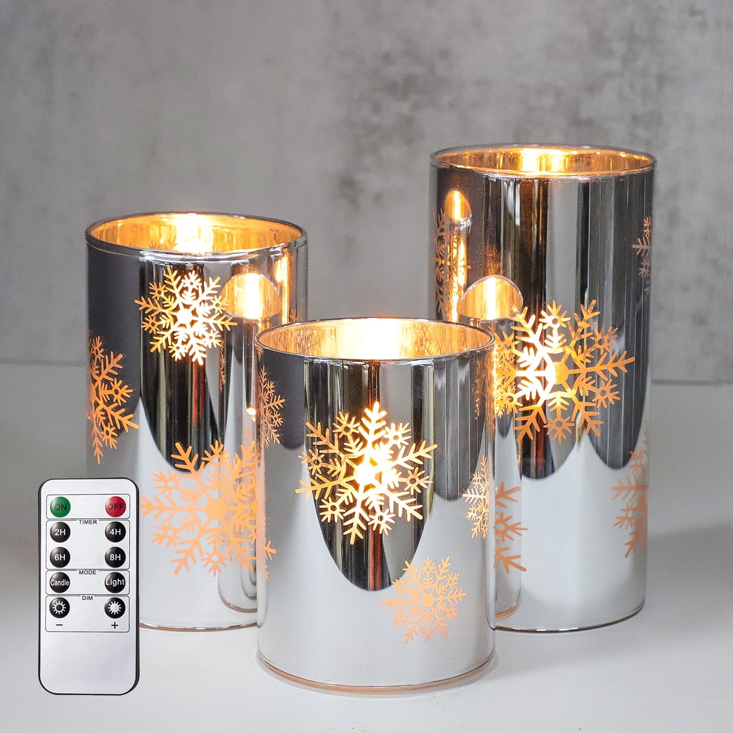 MELTONE Snowflake Holiday Flameless Candles: Real Wax Flickering Battery Operated Glass LED Candles with Remote - Home Xmas Party Christmas Decor - Set of 3