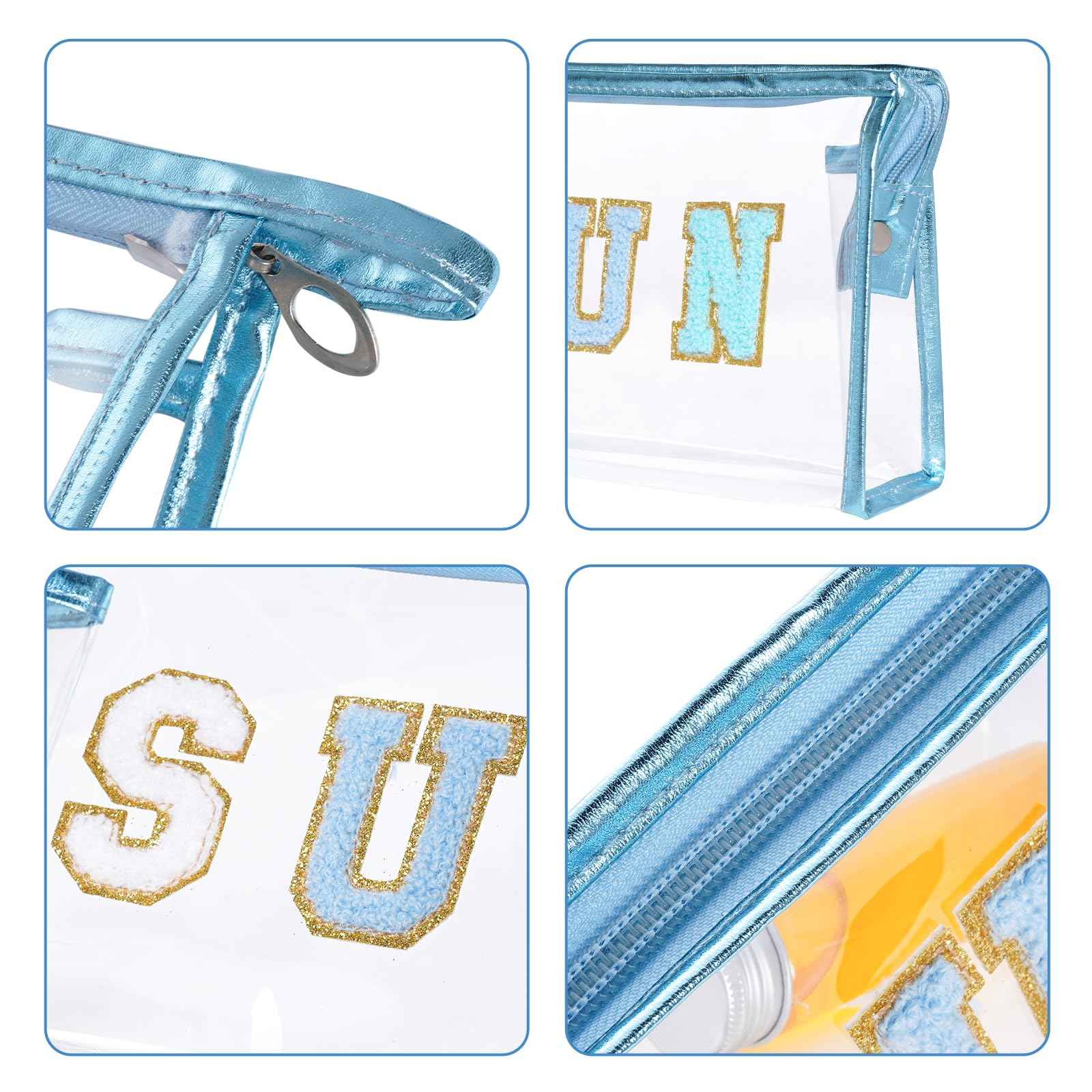 Hmxpls Clear Preppy Patch Makeup Bag, Sun Chenille Letter Bag for Beach, Pouch With Zipper, Travel Cosmetic Toiletry Bag for Women Girls Teens (Blue)