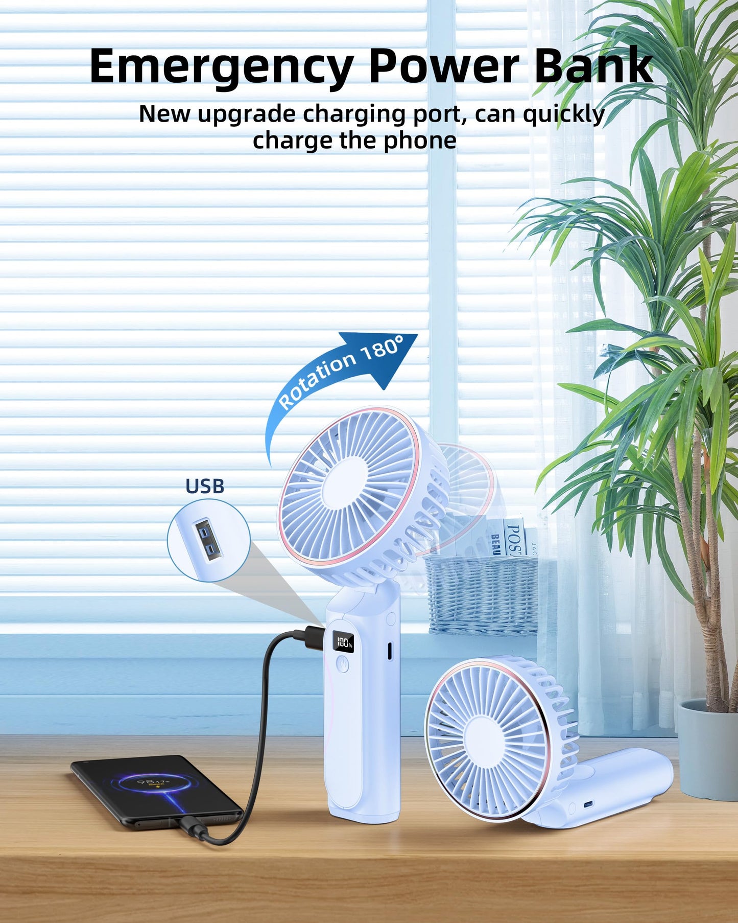 TUNISE Portable Handheld Fan, Portable Fan Rechargeable, 4000mAh, 180° Adjustable, 6 Speed Wind, Display Electricity in Real Time, USB Rechargeable Foldable Fan, Quiet Personal Fan as Power Bank