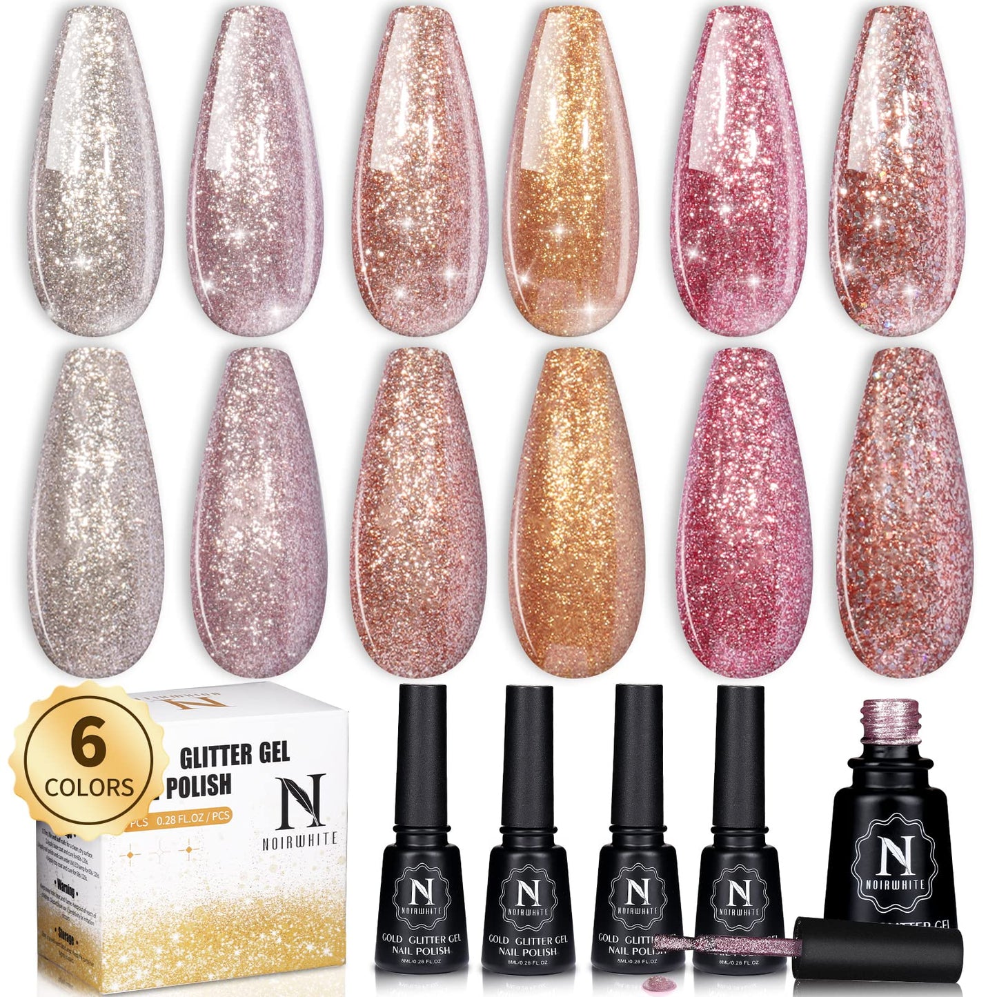 noirwhite Gel Nail Polish Gold Glitter Gel Nail Polish Set Soak-Off UV LED 6 Colors Sparkly Gold Pink Brown Gel Polish Professional Starter Kit Salon DIY at Home Nail Art Manicure