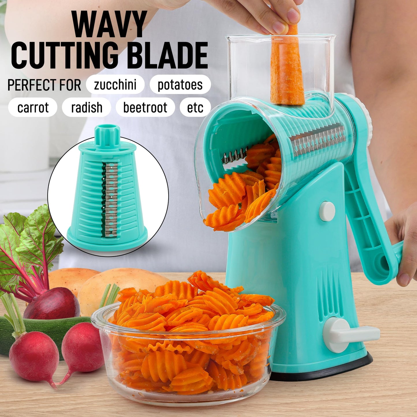 Zulay Rotary Cheese Grater 5 Blade Cheese Shredder - Manual Hand Crank Cheese Grater With Reinforced Suction & 5 Interchangeable Drums - Easy to Use Vegetable Chopper - Calm Teal