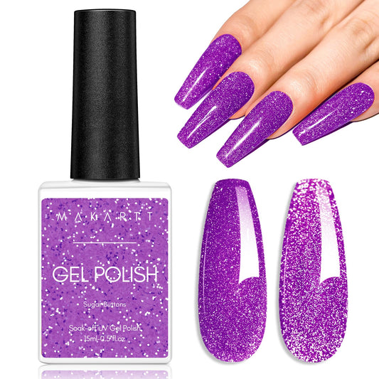 Makartt Glitter Nail Polish, Flash Diamond Purple Reflective Spring Nail Gel 15ML Soak Off UV LED Sparkly Shiny Gel Polish Manicure DIY Nail Art Designs Home Salon-Sugar Buttons