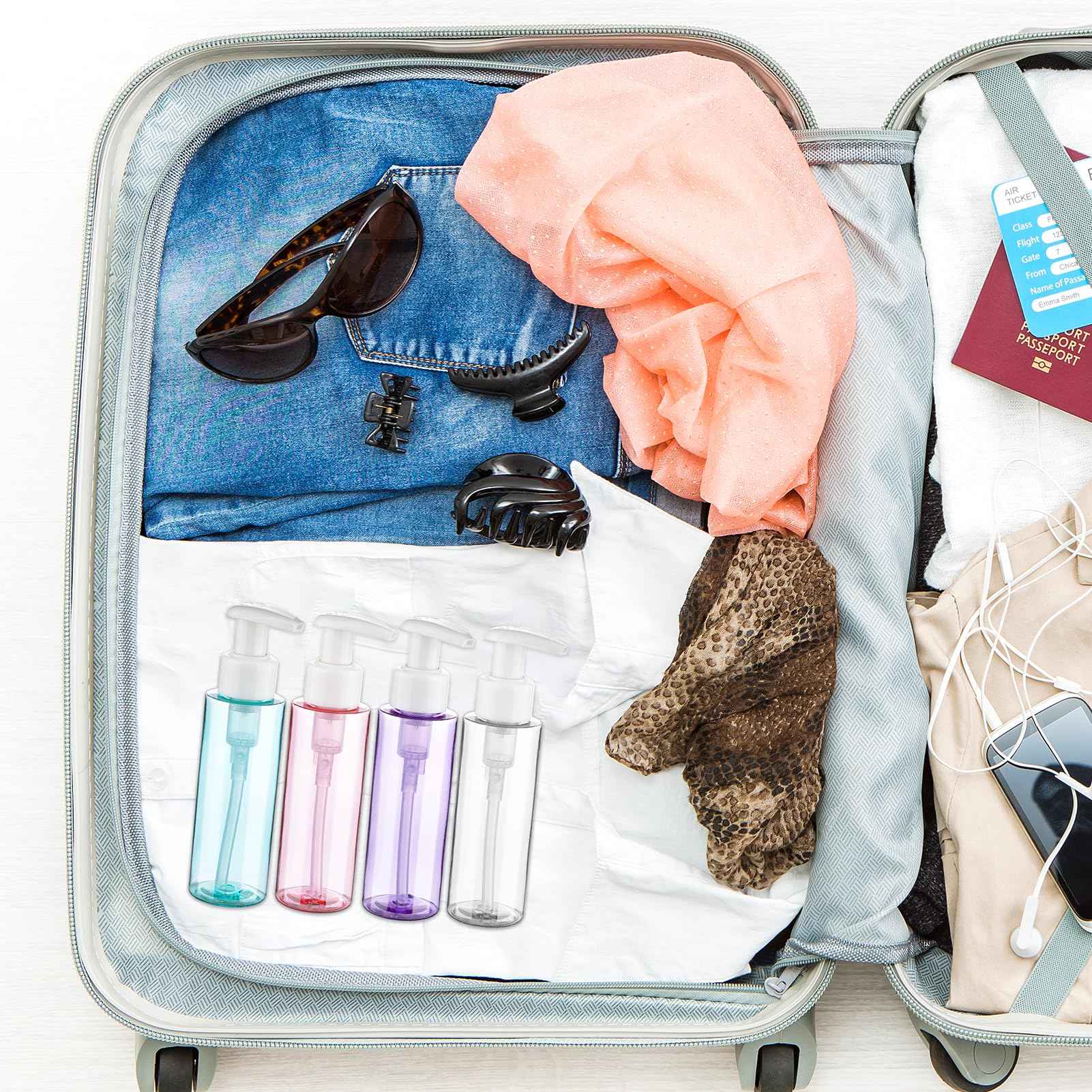 Travel Bottles Plastic Pump Bottle Dispenser TSA Approved 3.4oz/100ml 4 Pack Travel Refillable Shampoo and Conditioner Bottles Empty Travel Size Bottles for Cosmetic, Lotion, Liquid Soap (mixcolor)