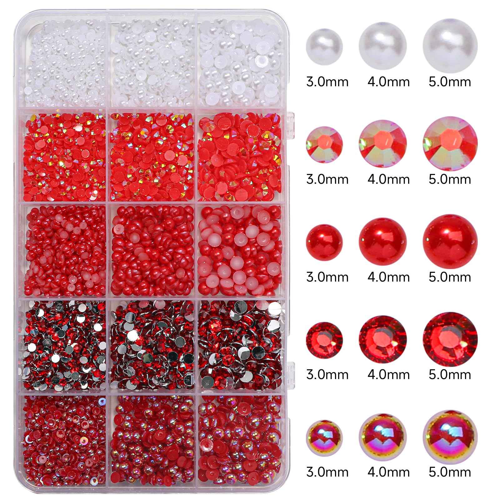 12000 Pcs Red Flatback Pearl and Rhinestones for Crafting, Mixed Sizes 3/4/5 mm Red Jelly Resin Rhinestone Pearls for Bedazzling, Half Pearls for Crafts DIY Mugs Makeup Crafts