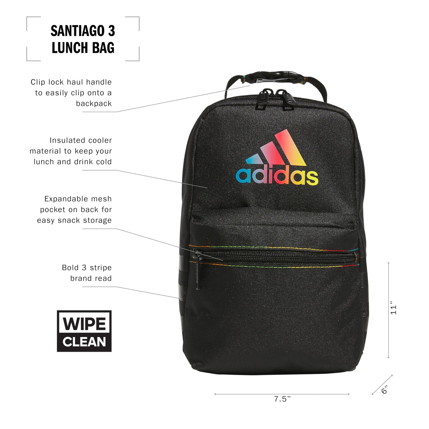 adidas Santiago Insulated Lunch Bag (6.5L) with Clip Lock Handle, Black Rainbow, One Size