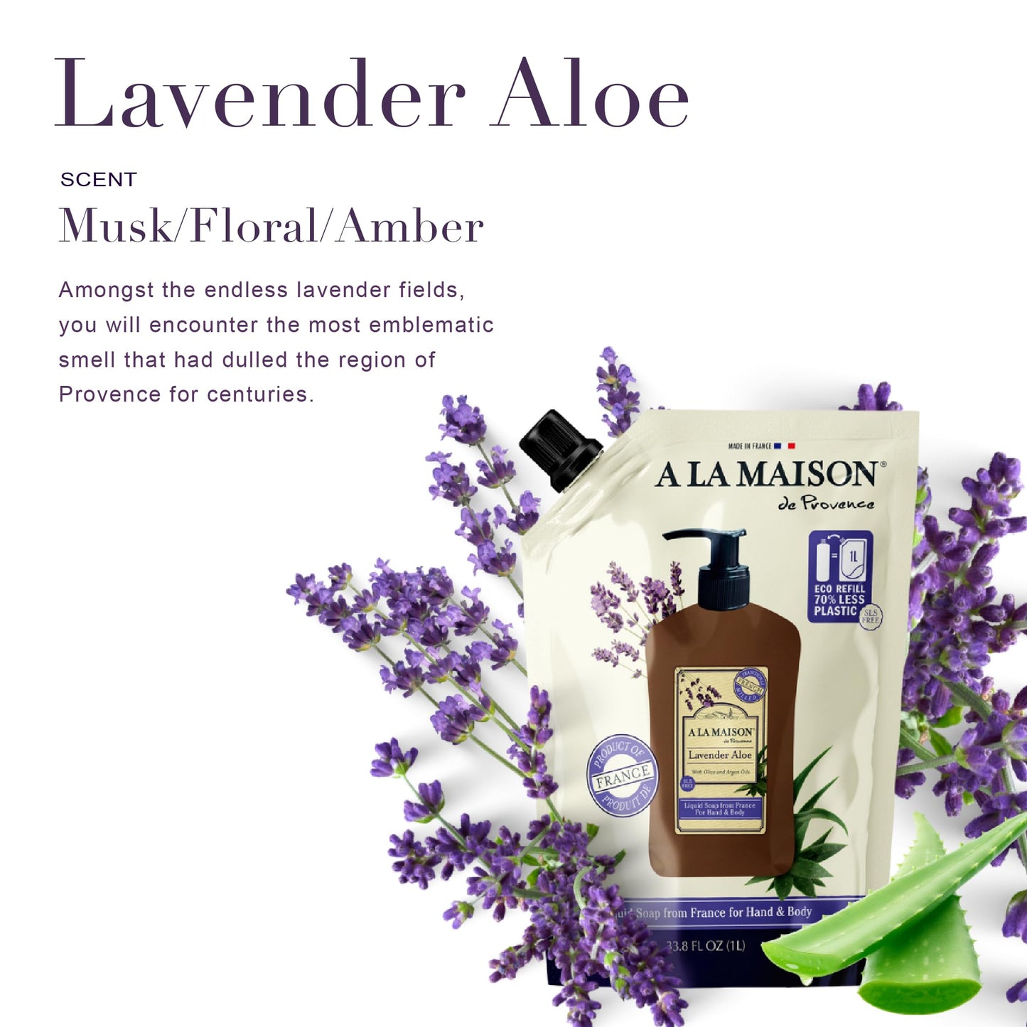 A LA MAISON French Liquid Hand Soap Eco-Friendly Refill Pouch, Lavender Aloe - Natural Hand Wash Made with Essential Oils - Biodegradable, Plant-Based, Vegan, Alcohol & Paraben Free (33.8 oz, 2 Pack)