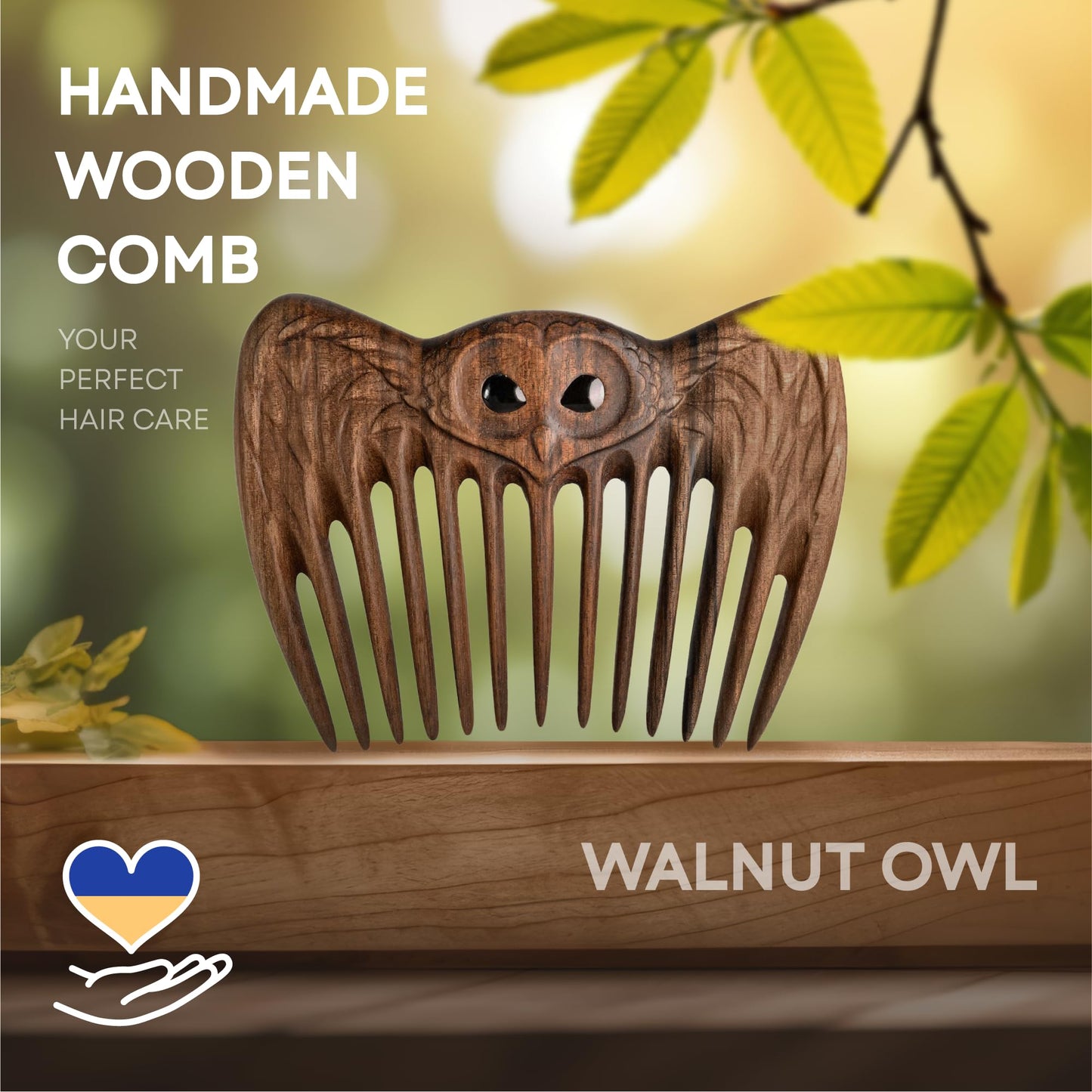 Handmade Wooden Hair Comb for Women - Natural Wood Hair Care, Scalp Massager, Eco-Friendly Perfect for use with Balms and Ois Smart Owl (Walnut Owl)