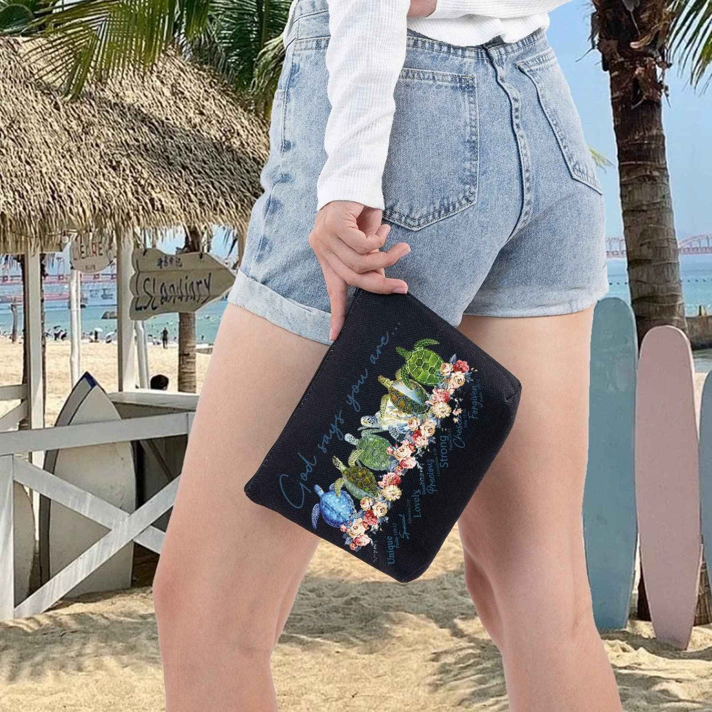 LEVLO Sea Turtle Cosmetic Make Up Bag Turtle Lover Gift God Says You Are Unique Special Lovely Chosen Forgiven Makeup Zipper Pouch Bag(God Says Turtle Black)