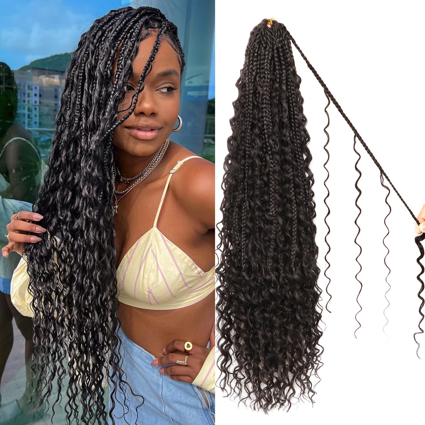 Goddess Boho Box Braids Crochet Hair-8 Packs 24 Inch Crochet Box Braids for Black Women Pre Looped (1B#, 24 Inch(Pack of 8))