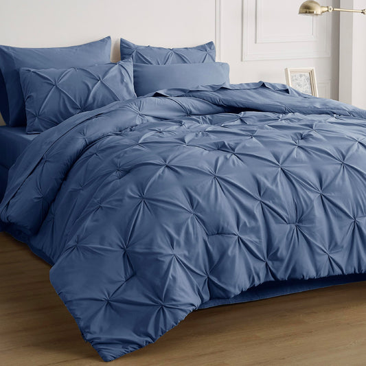 Bedsure Twin Comforter Set with Sheets - 5 Pieces Twin Bedding Sets, Pinch Pleat Slate Blue Twin Bed in a Bag with Comforter, Sheets, Pillowcase & Sham