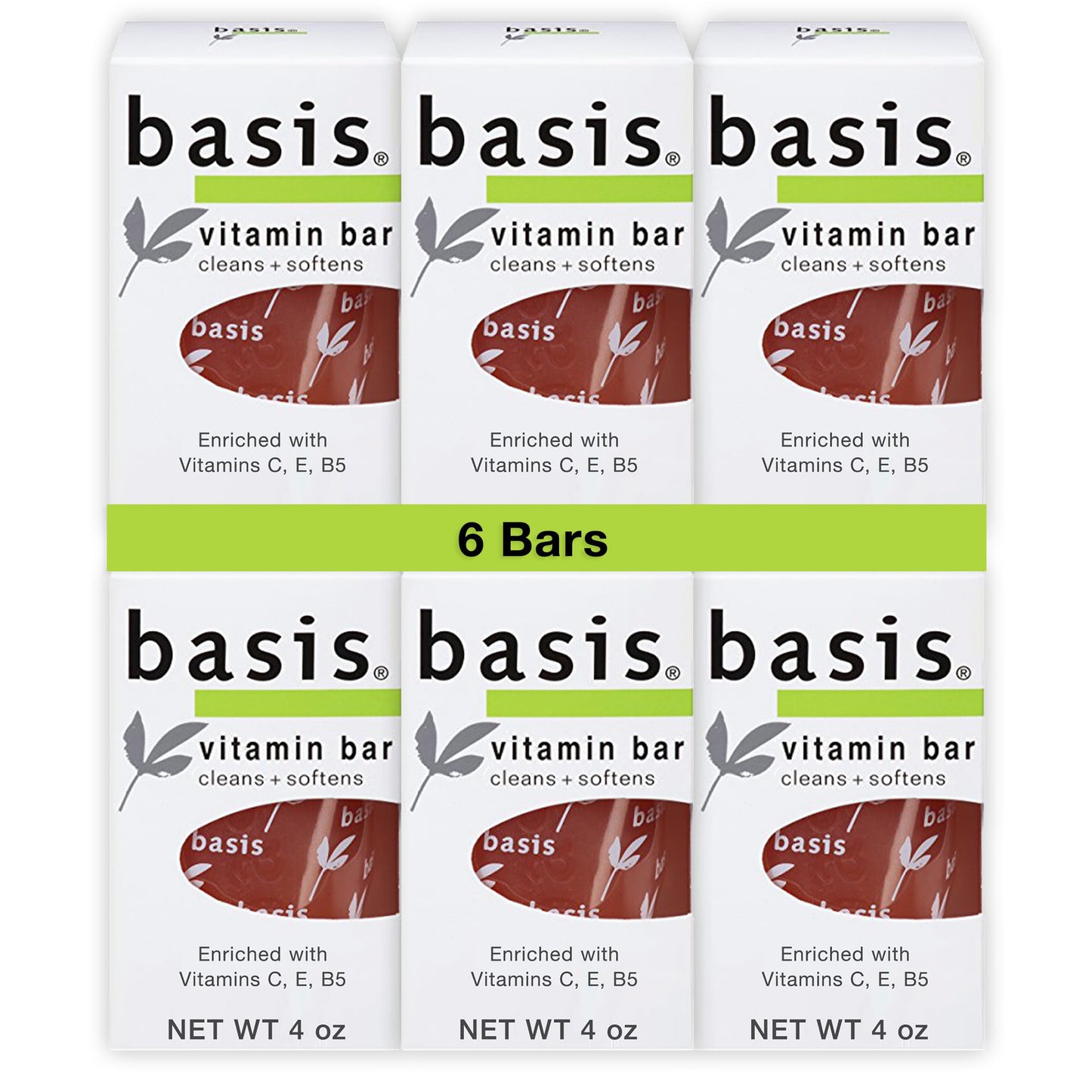 Basis Vitamin Bar Soap for Body, Hands and Face, Natural Soap Bar for All Skin Types with Vitamin C, E and B5, Bar Soap Bulk Pack, 4 Oz Bar, Pack of 6