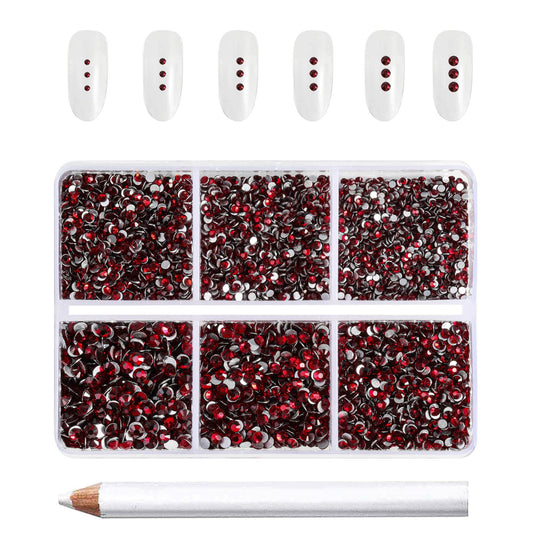 Beadsland 7200pcs Flatback Rhinestones,Dark Red Rhinestones Nail Gems Round Crystal Rhinestones for Crafts,Mixed 6 Sizes with Wax Pencil Kit, SS3-SS10,Dark Siam