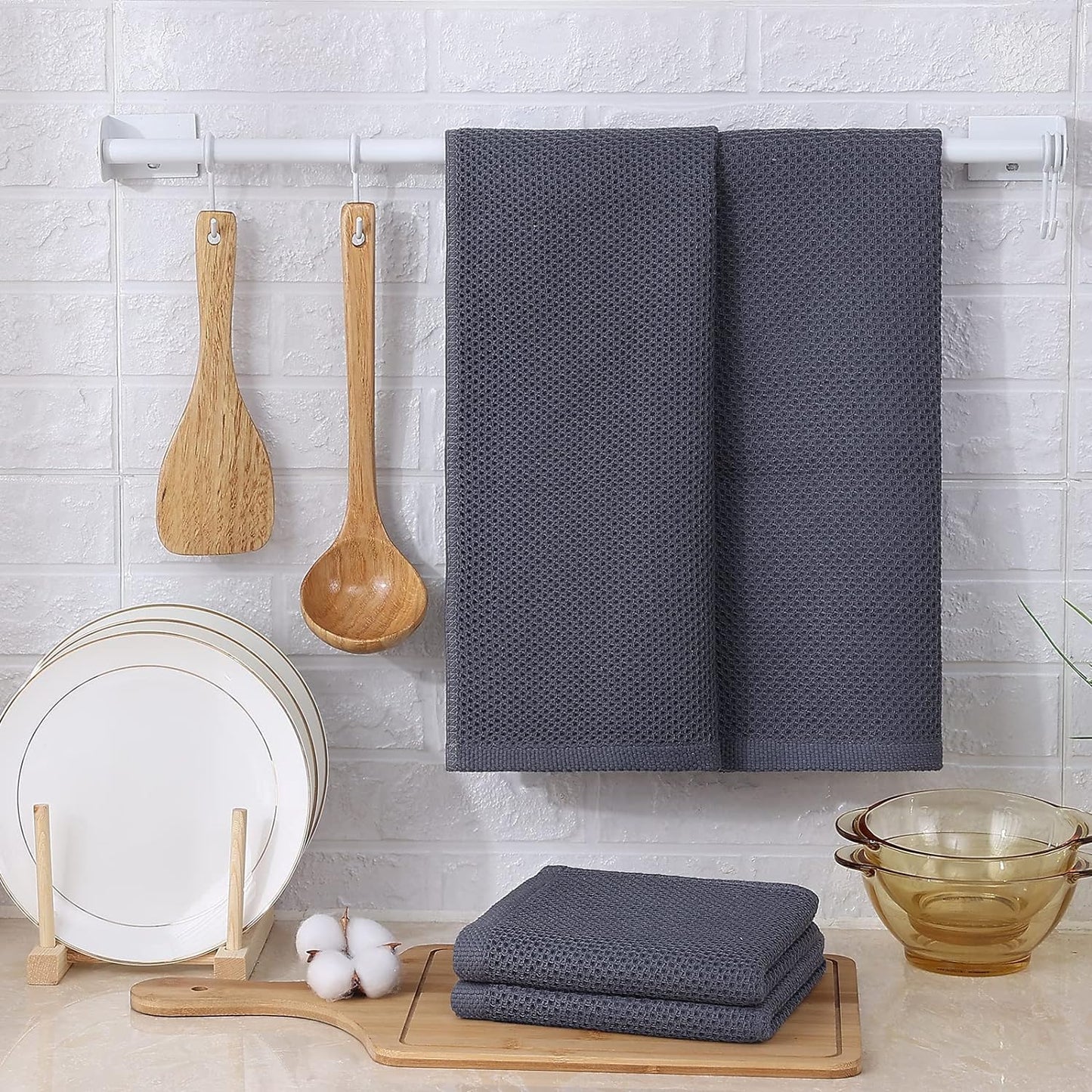 Kitinjoy 100% Cotton Kitchen Towels and Dishcloths Set, 8 Pack Waffle Weave Dish Towels Ultra Soft Absorbent Quick Drying Dish Rags, 13 x 28 Inch and 12 X 12 Inch, Dark Grey