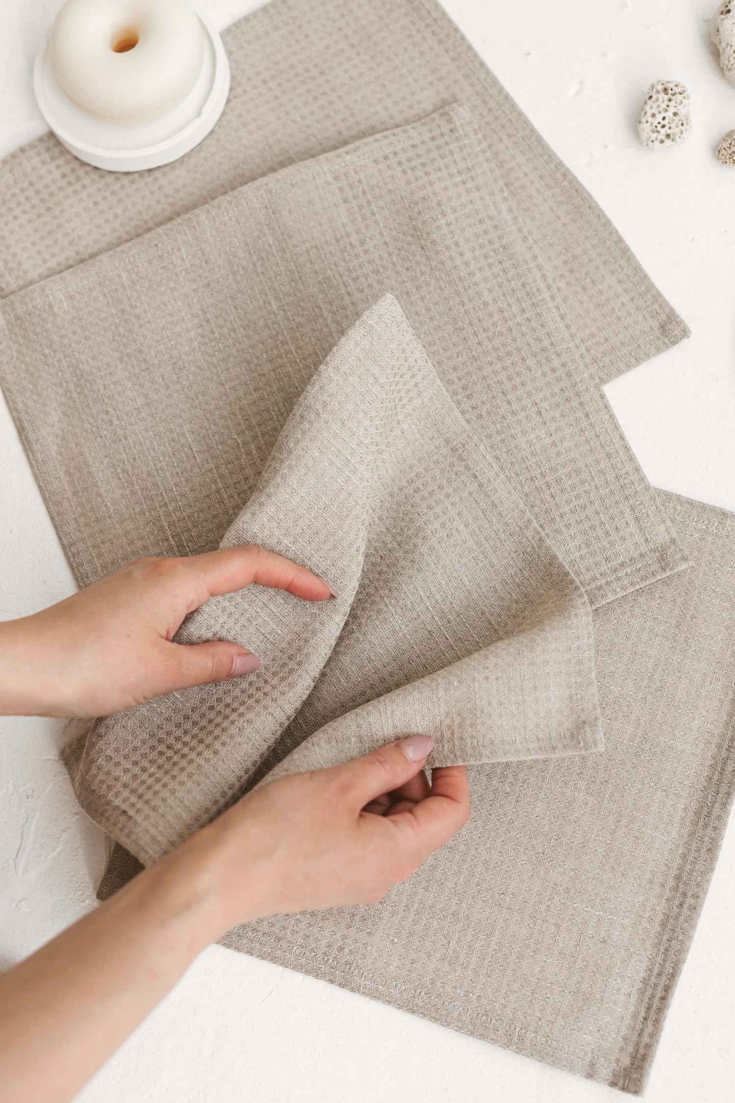 Thing Stories Flax Linen Washcloths for Bathroom - Waffle Washcloths 4-Pack 10x10 inch - Linen Face Cloths - Waffle Weave Cleaning Cloths with Loop - Exfoliating Face Towel for Women