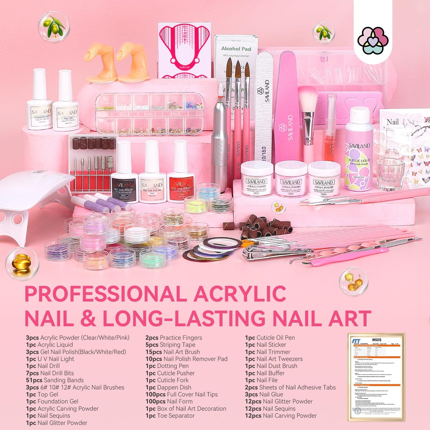 SAVILAND Professional Acrylic Nail Kit for Beginner: Nail Kit Acrylic Set for Starter with Everything Monomer Liquid Gel Nail Polish Nail Decoration U V Nail Light Gift Home Salon