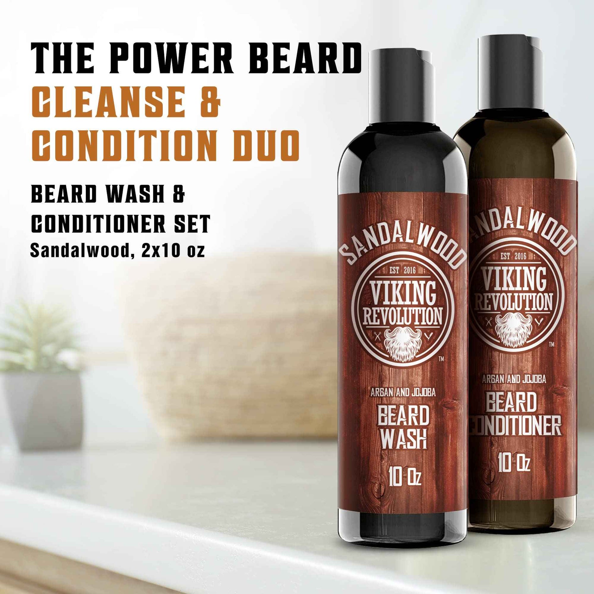 Beard Wash & Beard Conditioner Set w/Argan & Jojoba Oils - Softens & Strengthens - Natural Sandalwood Scent - Beard Shampoo w/Beard Oil (10oz)