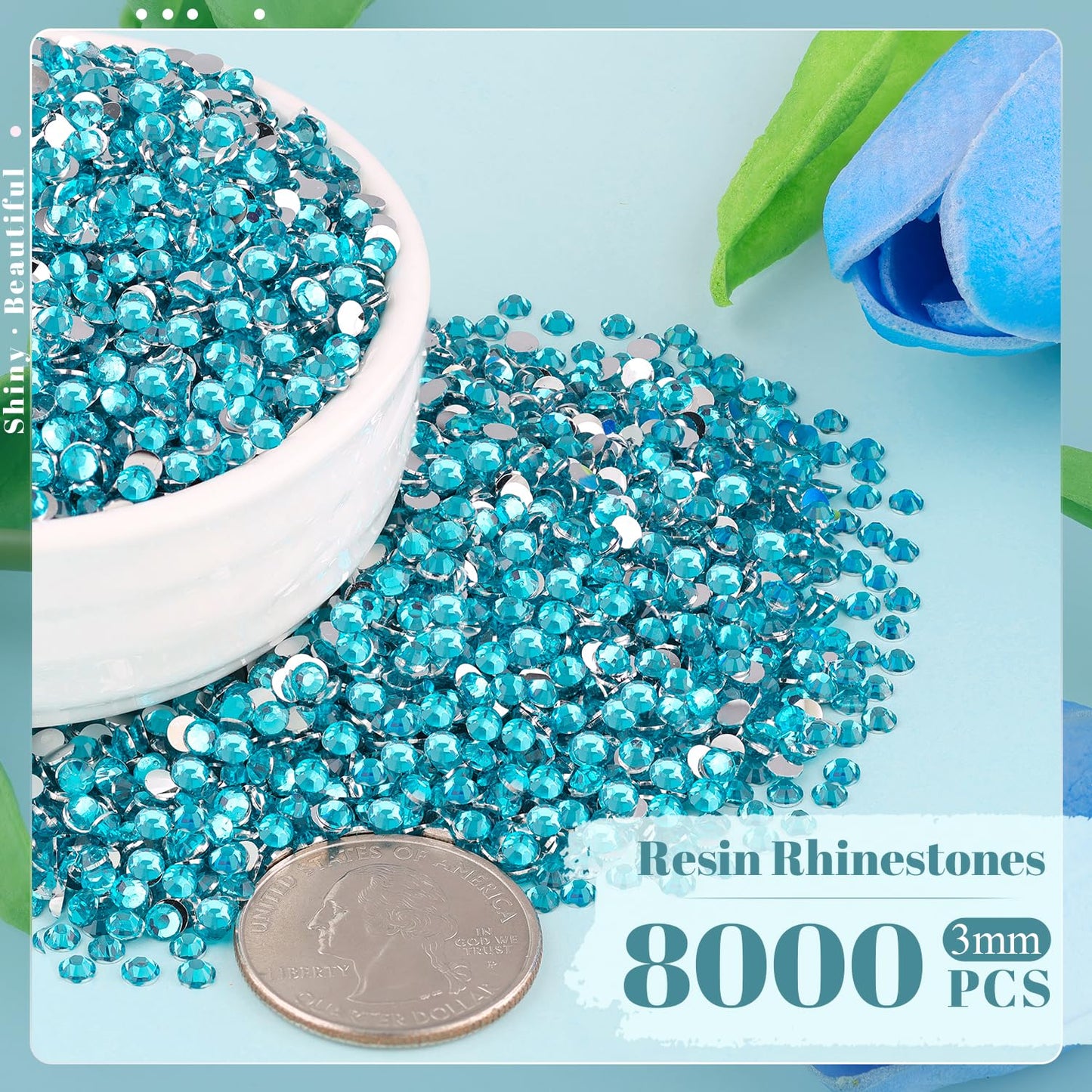 8000PCS 3mm Resin Rhinestones Bulk for Crafting (Indicolite), Flatback Bedazzling Crystals for Crafts DIY Nail Decoration, Gems Charms for Tumbler Shoes Clothing Fabric with Pickup Pen and Tweezers