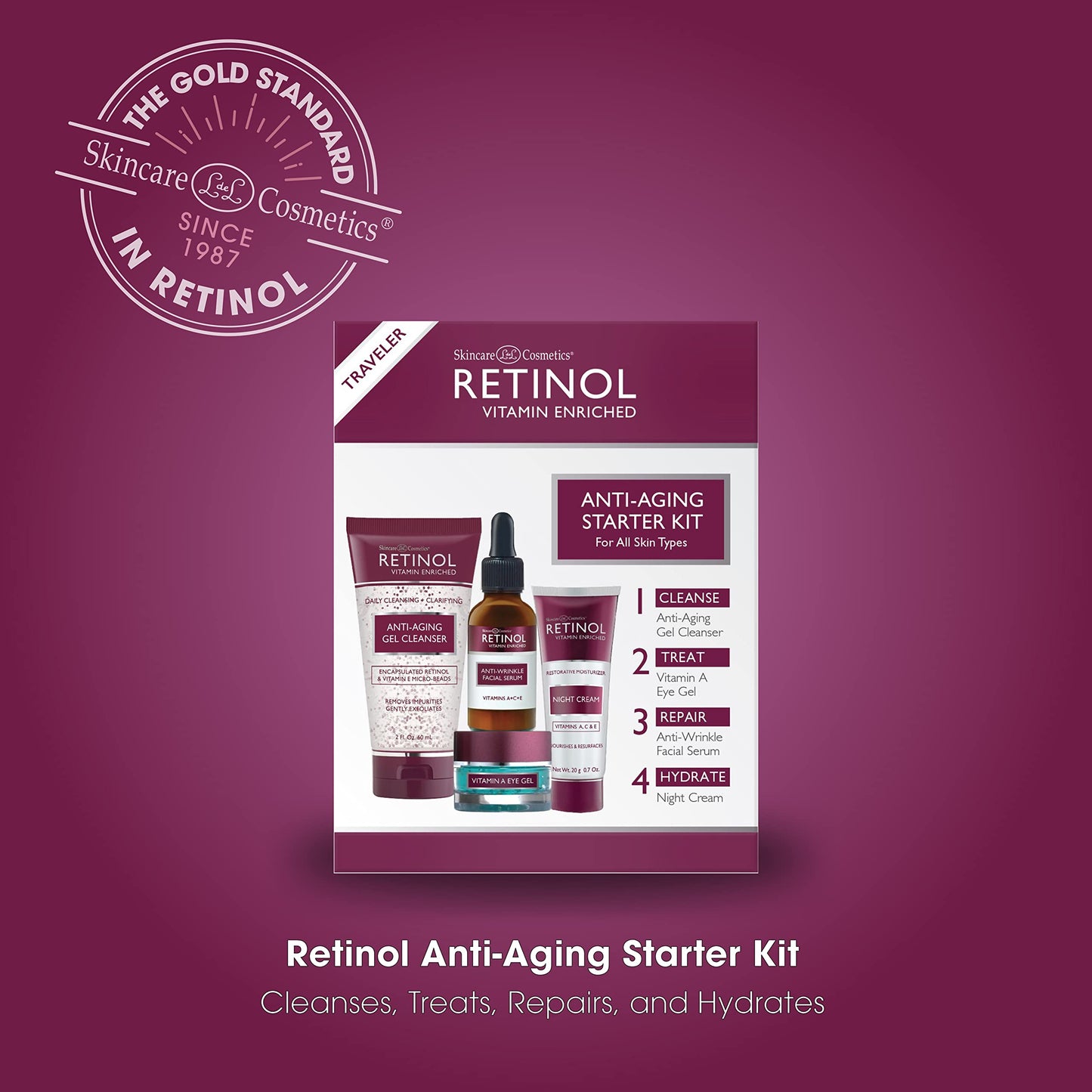 Retinol Anti-Aging Starter Kit – The Original Retinol For a Younger Look – [4] Conveniently Sized Products Perfect For Travel or First Time Try – Cleanse, Treat, Repair & Hydrate On-The-Go