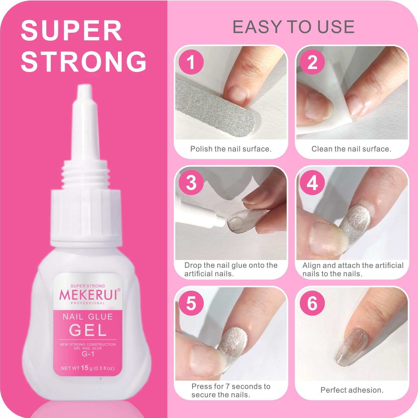 （2 Bottles）Mekerui Super Strong Nail Glue Gel for Press on Nails,Drip and Clog Proof,7S Quickly Dry Without UV Light,Long-Lasting 30+Days,Waterproof Beauty Secret Professional Salon Quality