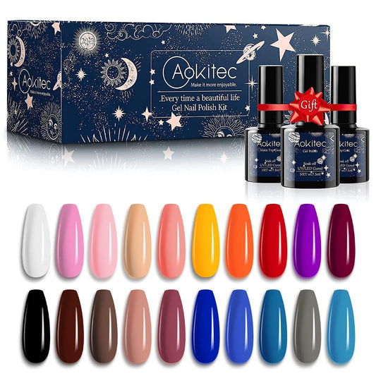 Aokitec Gel Nail Polish Kit 20+3Pcs Gel Polish Set Soak Off Nail Gel Polish Set Nude Fashionable Multi-Color Gel Nail Manicure Kit DIY Home Base&Top Coat(Glossy & Matte) Gifts for Women Christmas