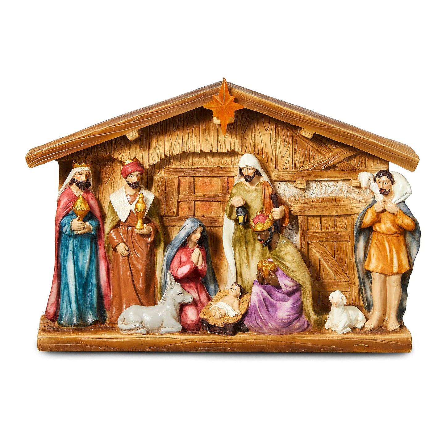 Glitzhome 12.5" Lighted Christmas Nativity Figurines, Resin Stable Nativity Scene Holy Family Collectable Décor, Christmas Tabletop Figure Ornaments, Miniatures Baby Jesus Statue for Tabletop Decor