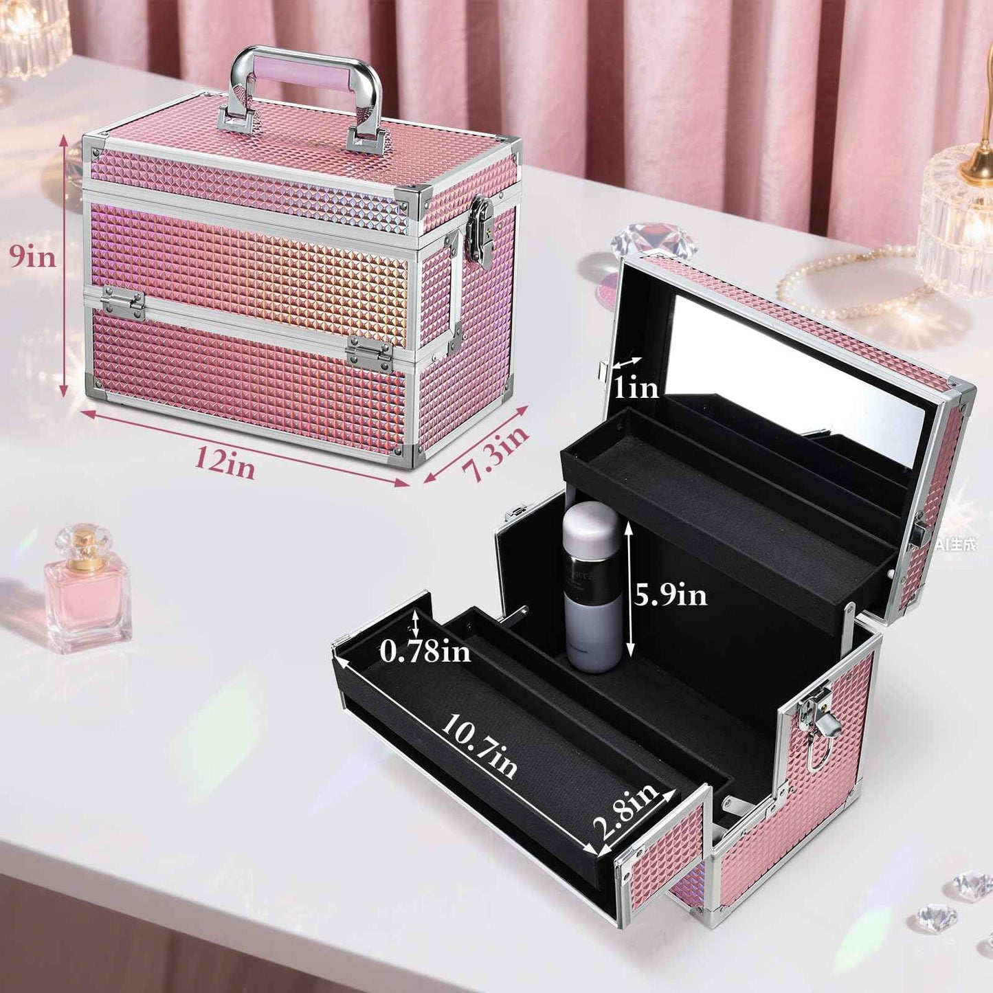 Joligrace Large Makeup Box Organizer, 12 Inch Makeup Train Case with Mirror, Cosmetic Travel Case with 3 Trays, Lockable Train Case for Makeup Artists & Nail Tech Supplies Pink