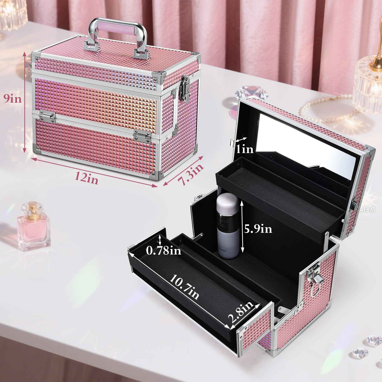 Joligrace Large Makeup Box Organizer, 12 Inch Makeup Train Case with Mirror, Cosmetic Travel Case with 3 Trays, Lockable Train Case for Makeup Artists & Nail Tech Supplies Pink