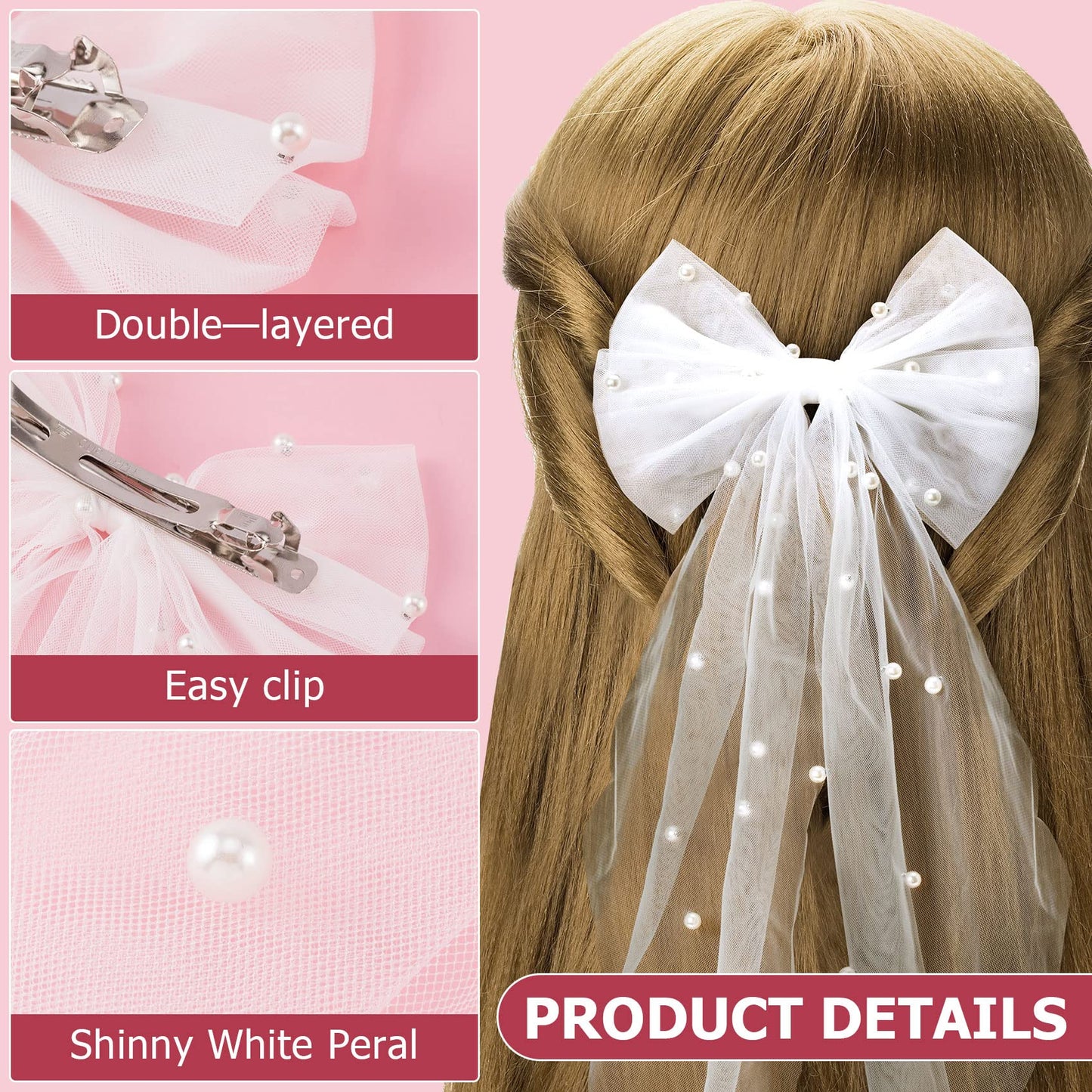 OIIKI Bridal Hair Bow Clip Veil Bachelorette Party Decorations, 2pcs Pearl White Hair Bow Bridesmaid Favors, Bride Hair Accessories Shower Gift