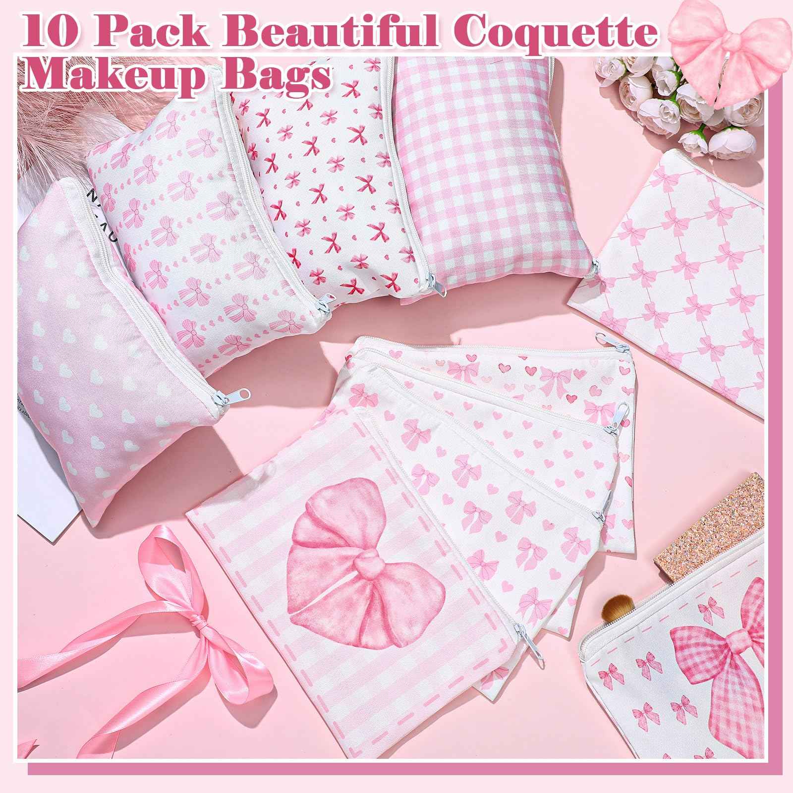 Reginary 10 Pcs Coquette Bow Cosmetic Bag for Woman Wedding Mother's Day Nurses Day Aesthetic Makeup Bag Lovely Heart Preppy Pouch Zipper Coquette Party Favor for Team Bestie Family(Pink,Lovely Heart)