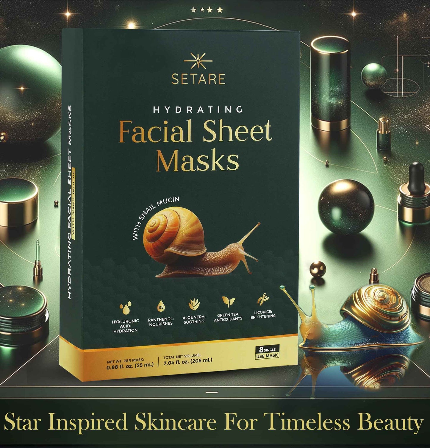Setare Hydrating Sheet Masks with Snail Mucin, Collagen, Hyaluronic Acid & Premium Botanicals, Korean Beauty Tech, for All Skin Types - 8 Pack