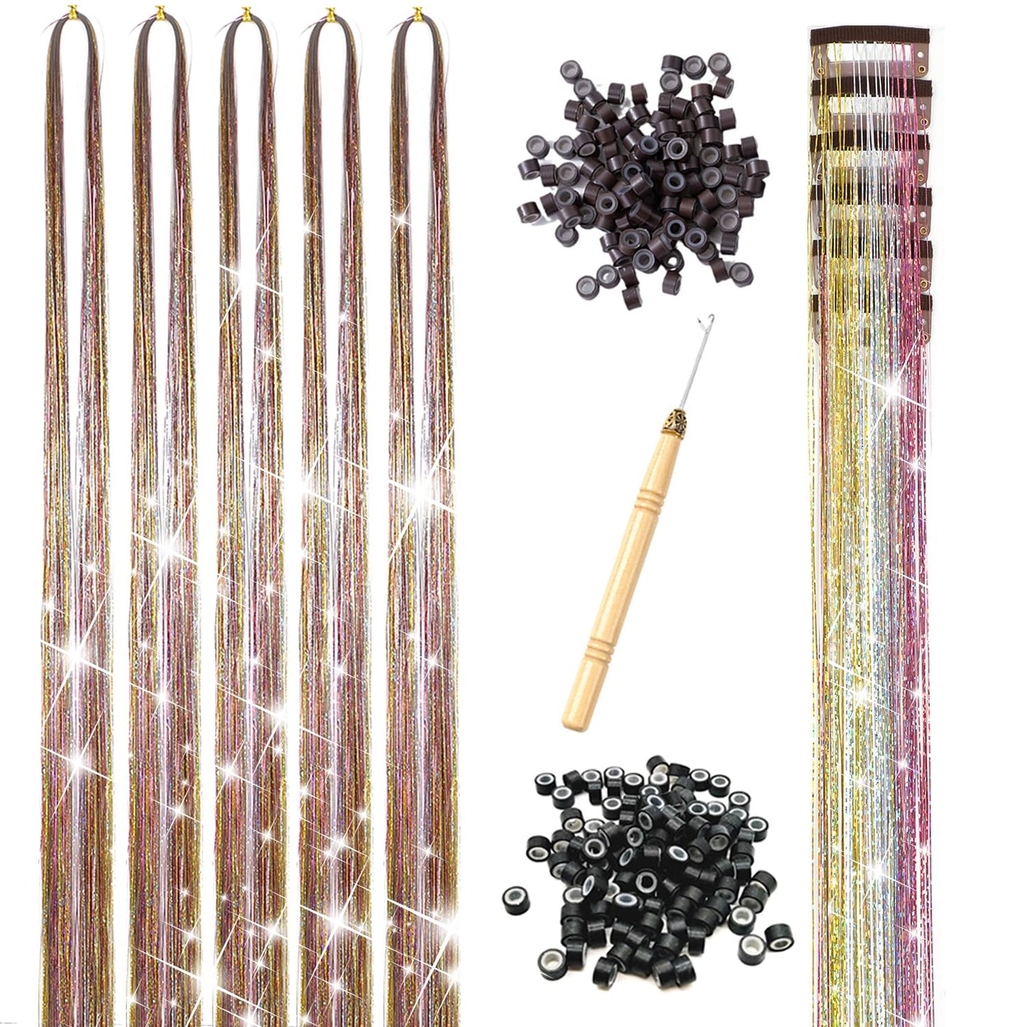 Hair Tinsel Kit 1000 Strands and 6 Pcs Clip in Hair Tinsel Glitter Tinsel Hair Extensions Heat Resistant Sparkling Fairy Hair Accessories for Kids Women Girls (Galaxy)