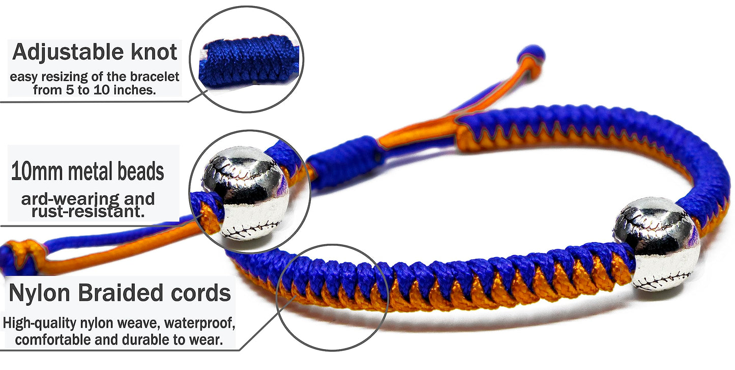 Handmade Braided Bracelets Baseball Gifts for Boys Adjustable Wristbands with Baseball Beads, Inspirational Baseball Bracelets for Girls Teens Adults (Blue Orange 2PCS)